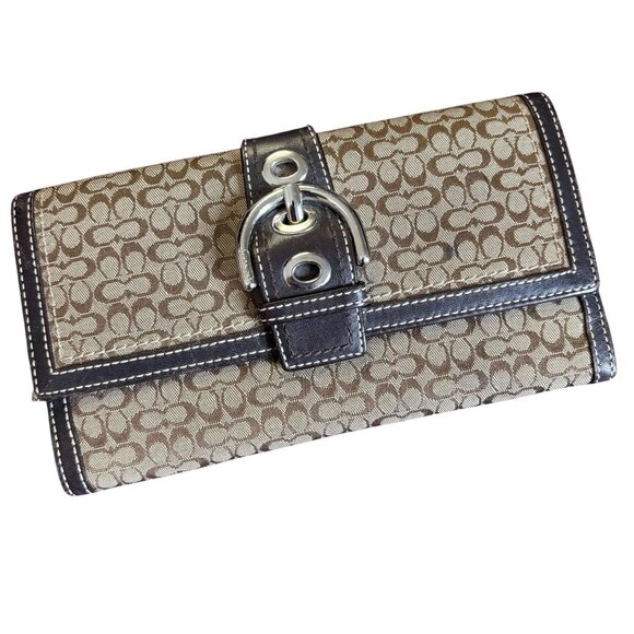Coach Signature Canvas Leather Wallet Buckle Snap Closure Brown Zip Card Slots - Picture 1 of 6